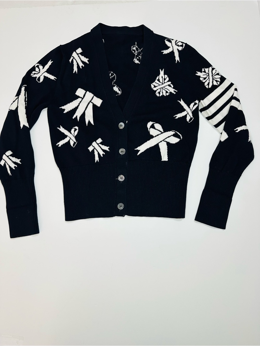 NAVY WHITE RIBBON PRINT BUTTON CARDIGAN SWEATER COTTON PREPPY COQUETTE 42 / 2 S - Picture 3 of 14